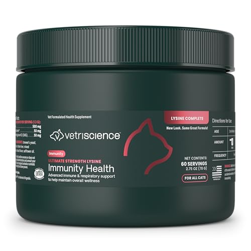 VetriScience Ultimate Strength Lysine Immunity Health Powder for Cats & Kittens, Supplement for Allergy & Nasal Support, Sneezing, Runny Nose & Watery Eyes, Chicken & Cheese Flavor, 60 Count -New Look