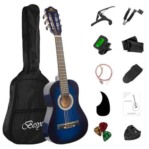 BESYOU 30in Beginner Acoustic Guitar Basic Starter Kit Tuner Bag Capo Strings Winders Strap Picks Student/Kids Guitar Pickguard with Gig Bag Blue