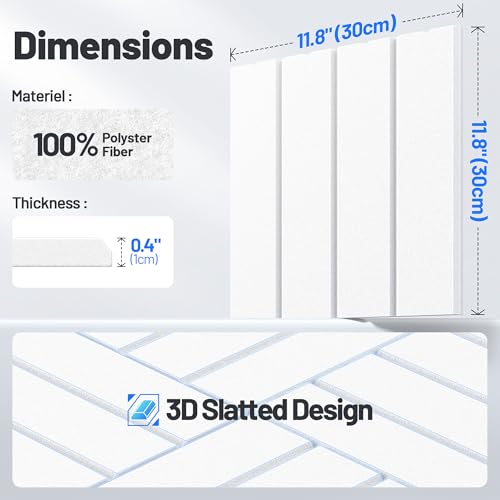 Image of 20 Pack Sound Proof Foam Panels for Walls, Acoustic Panels Self-Adhesive | 12 inch X 12 inch X 0.4 inch Slatted Soundproof Wall Panel, High Density Sound Absorbing Panel for Gaming Recording Studio Decor-White