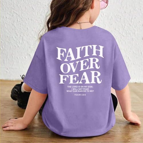 Image of Faith Over Fear Shirt Christian Jesus Tshirts for Girls Religious Inspirational Tees Bible Verse Tops for Kids 3-12