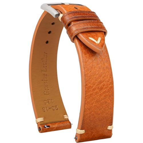 Image of Gomvadr Quick Release Leather Strap, Oil Wax Leather Watch Straps, Italian Calfskin Watch Straps Replacement Strap for Men Women 16 18 19 20 21 22 mm (Brown/Silver Buckle/Beige Cord, 20mm)