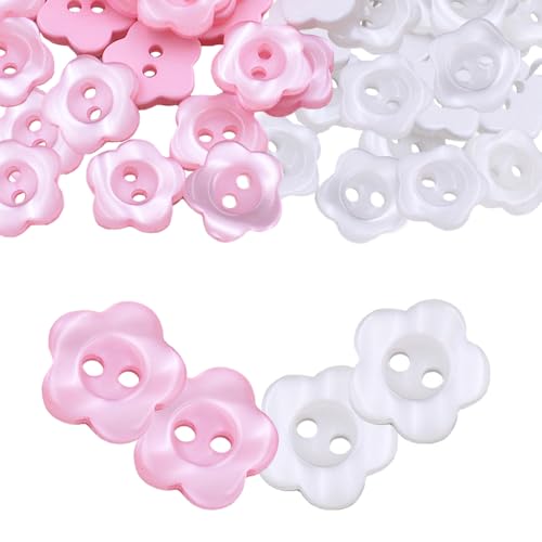 TRKETK 100 Piezas Botones de Flores de Ciruelo, Otones de Flores para Coser Botones de Flores de 2 Agujeros Botones Decorativos para Ropa Botones de Costura de Resina de 12,5 mm (Blanco + Rosa)