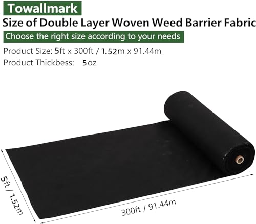 Broadfashion Woven Landscape Fabric 5oz, 5 x 300FT Weed Fabric Barrier, Double Layer, Garden Fabric Weed Barrier, Weed Control Fabric Ground Cover, Gardening Mat for Garden Beds, Landscaping
