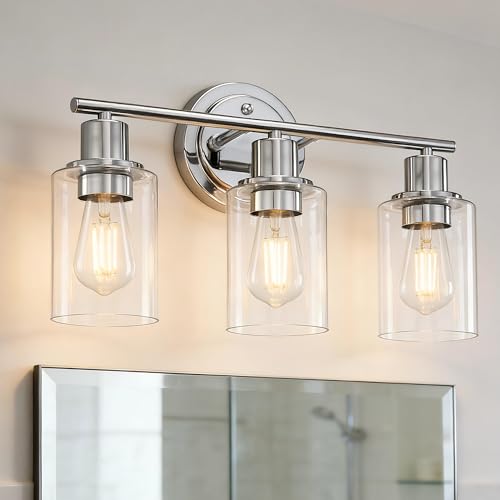 Image of 3-Light Chrome Bathroom Light Fixtures Over Mirror,Chrome Vanity Lights for Cabinet, 3 Bulb Bathroom Wall Sconce Light Fixture for Sink