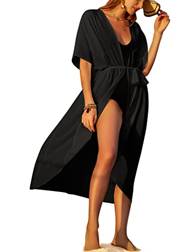 Ai'mage Women's Kimono Cardigan V Neck Long Swimwear Coverup Bohemian Print Medium Black #TOP27