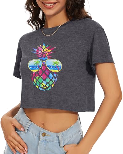 Image of Womens Summer Crop Tops Short Sleeve Round Neck T-Shirts Loose Fit Casual Blouse 2026