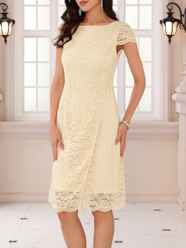 Image of Women's Floral Lace Dress Cap Sleeve Boat Neck Cocktail Midi Wedding Guest Dresses