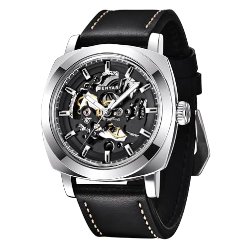 BY BENYAR Automatic Watch for Men Skeleton Mechanical 45mm Square Mens Watches 30M Waterproof Gift for Men