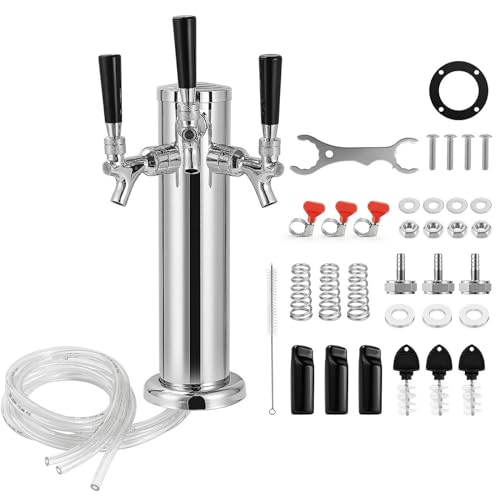 Dbgogo Triple Tap Draft Beer Tower, Stainless Steel 3\'\' Flange Brewing Tower Stainless Core Keg Tap Dispenser Self-Closing Faucet Spring 1/4\'\' Barb Fitting Kit for Kegerator Countertop Installation