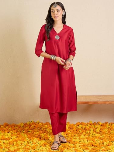 Image of INDO ERA Women's Viscose Solid A-Line Calf Length Kurta & Pant Set (IESTR12352)