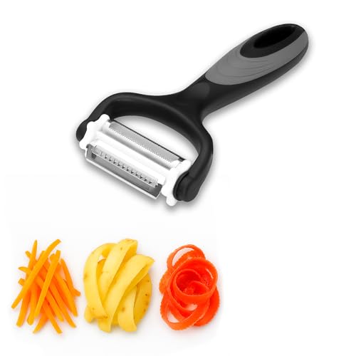 Innoteck Essentials 3 in 1 Multi-Functional Peeler - with Ergonomic Handle - Stainless Steel - Standard Fine/Serrated/Julienne Peeling - 360° Head Rotation - for Vegetable and Fruit - Black/Grey