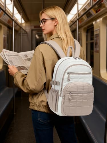 Image of Laptop Backpack for Women, College Bookbag with Tumbler Holder Pocket for Nurse Teacher Work Travel, Quilted Puffer High School Backpack for Girls Big Student, White Camle