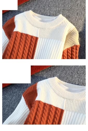 Men's Plaid Knit Sweater Winter Autumn Fashion Patchwork Crew Neck Loose Fit Warm Pullover4