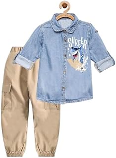 طقم اطفالي مكون من قطعتيين شميز جينز فاتح وبنطلون بيج (4 سنيين)