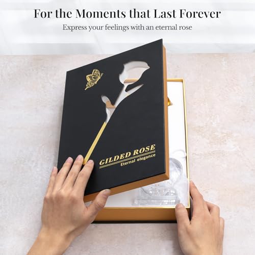 24K Gold Dipped Rose Gift Set – Luxury Eternal Golden Rose with Interlocking Acrylic Butterfly Display Base & Premium Book-Style Gift Box – Romantic Anniversary & Birthday Gift for Her - Image 3