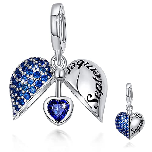 FOREVER QUEEN Birthstone Charms Wings of Angel 925 Sterling Silver Love You Heart Charm Dangle Bead for Charm Bracelet Necklace, Happy Birthday Jewelry Bead for Women