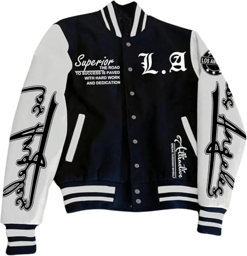 Herren-Baseballjacke im College-Stil für den Frühling Farbblock-Design Monogramm-Aufdruck langärmelig lässige Baseballjacke personalisierte College-Jacke (schwarz,3XL)