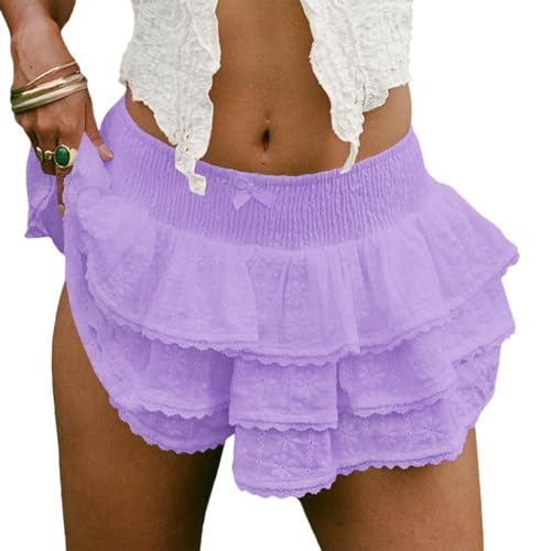 Jupe courte trapèze à volants femme jupe plissée taille haute dentelle violette