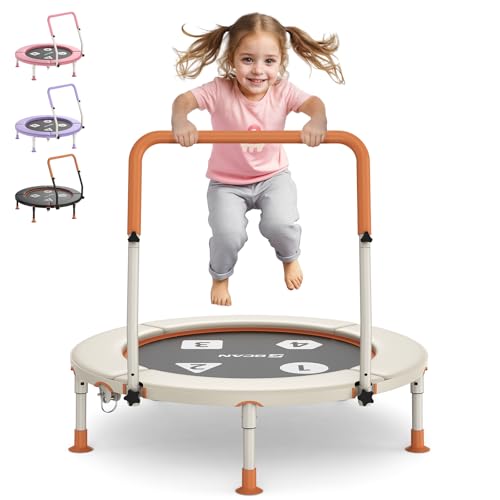 BCAN BT1 36'' Toddler Trampoline, ASTM Certified-Foldable Mini Trampolines for Kids Ages 1-6, Adjustable Handle, Safety Pad & Foldable Legs, Baby Trampoline Indoor/Garden, Gift for Boy and Girl, Beige by BCAN - Used condition - US$110.26