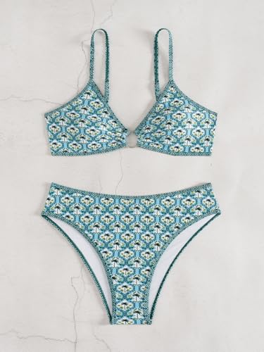 Image of Fanuerg Women's Triangle Bikini Sets O Ring Linked Two Piece Swimsuits Floral Printed Cheeky Bathing Suit