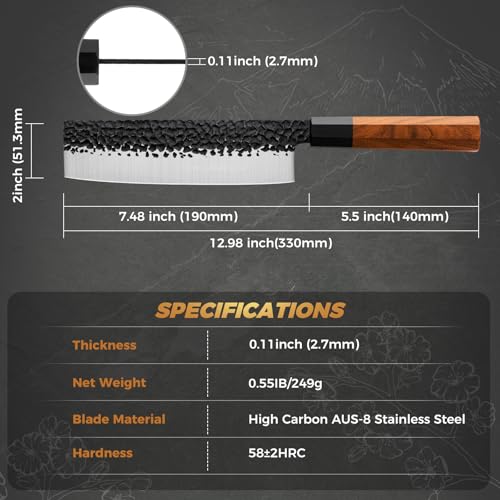 RASSE Nakiri Knife 7" kitchen knife Sharp Meat Cleaver and Vegetable Kitchen Knives Hand-Forged High Carbon Japanese AUS-8 Stainless Steel Chef Knife with Rosewood Handle & Gift Box