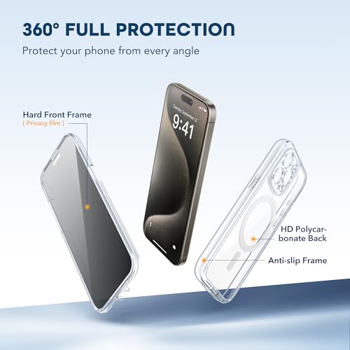 TIESZEN for iPhone 15 Pro Max Case, Compatible with MagSafe, Built-in Privacy Screen Protector and Camera Protection, Anti Spy Full Body Dustproof Shockproof Hard Phone Case 6.7",Clear by TIESZEN - Used condition - Image 3