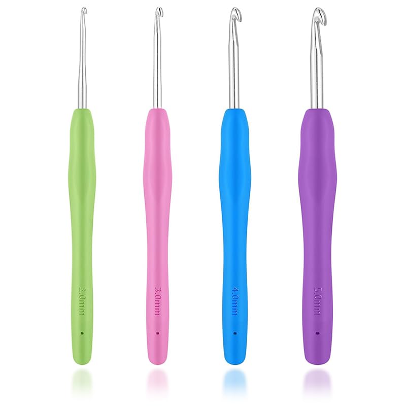 4Stück Häkelnadel Set(2/3/4/5 mm) ergonomische Metall-Häkelnadeln mit bunten Silikongriffen(14 cm) für unvergleichlichen Komfort & präzise Kontrolle