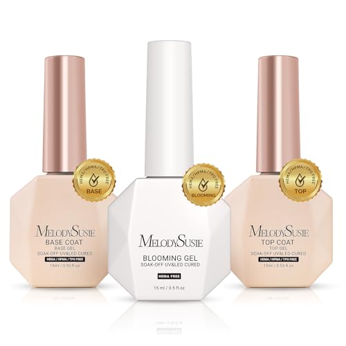 Image of MelodySusie Hema Free Top Coat Base Coat Blooming Gel Set Long Lasting Shine Finish Soak Off UV LED Nail Lamp Nail Art Design Manicure Kit Perfect Gifts for Women Girls 3 Pcs 15ml Clear