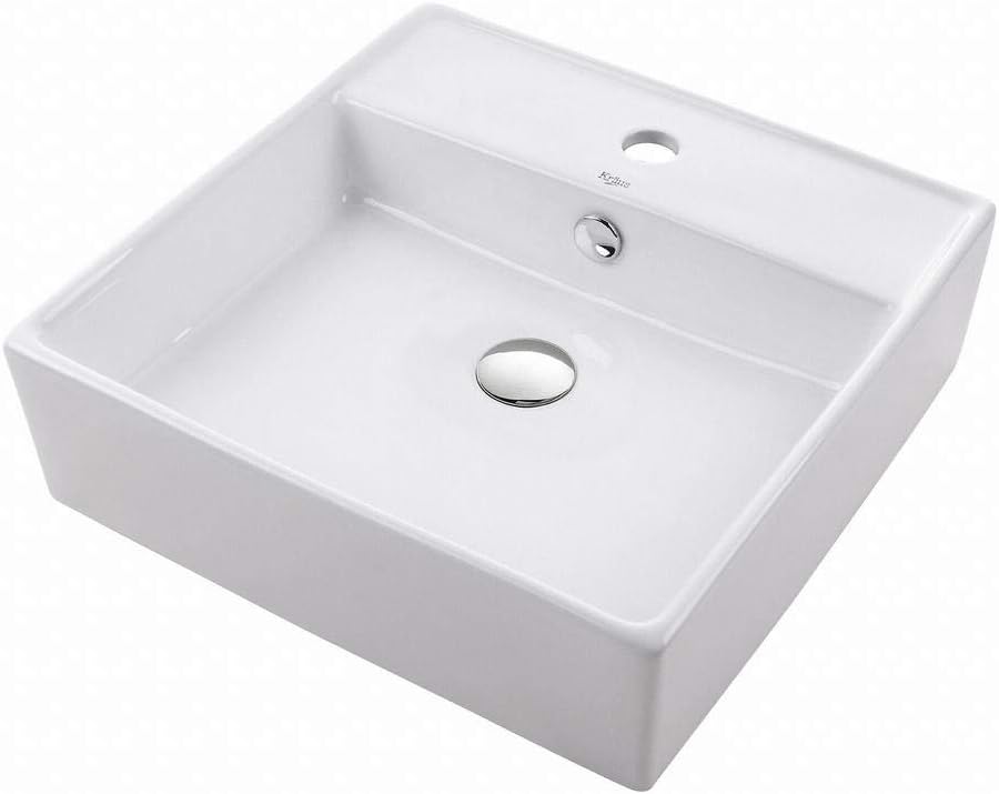 Get Special Price Kraus KCV-150 Elavo Square Vessel Porcelain Ceramic Bathroom Sink with Overflow, 18 1/2, 18.5 Inch, White