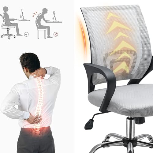 Panana Large Seat Adjustable Ergonomic Desk Chair Metal feet Swivel Office Chair Mid-Back with Lumbar Support Executive Task Chair (Grey) - Image 5