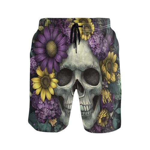 Custom Sugar Skull Purple Yellow Flower Mens Swim Trunks Quick Dry Beach Shorts with Pocket S 202c07742
