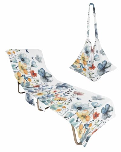 Beach Pool Patio Lounge Chaise Chair Cover Towel With Pockets,Blue Floral Absorbent & Quick Dry Microfiber Towel Cover Bag Summer Travel Accessories Elegant Eucalyptus Flower Herb Botanical Watercolor
