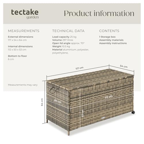 tectake® Rattan Garden Storage Box, Large 297L Outdoor Cushion Bench with Lockable Lid, UV-Resistant Polyrattan, Aluminum Frame, Gas Spring System, Water-Repellent, Wheels & Brake, Easy Setup - Nature 6 tectake® Rattan Garden Storage Box, Large 297L Outdoor Cushion Bench with Lockable Lid, UV-Resistant Polyrattan, Aluminum Frame, Gas Spring System, Water-Repellent, Wheels & Brake, Easy Setup - Nature - Image 6