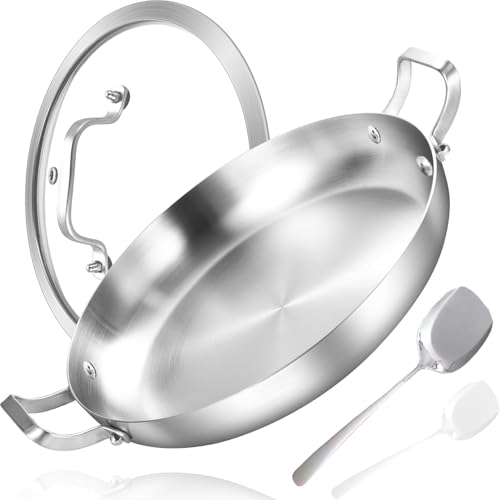 Inqibee 14 Inch Stainless Steel Paella Pan with Lid, Large Frying Pan Skillet with Double Riveted Handles, Wide Shallow Paellera for Stovetop, Induction Compatible, Oven Safe, Dishwasher Safe