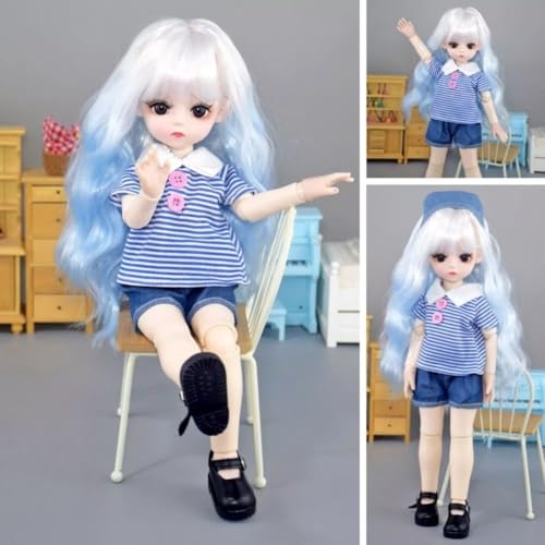 Image of Tickles Movable Joints Doll Beautiful Eyes Fashionable T-Shirt with Short Dress for Kids Girls (Color: Blue Size: 30 cm)