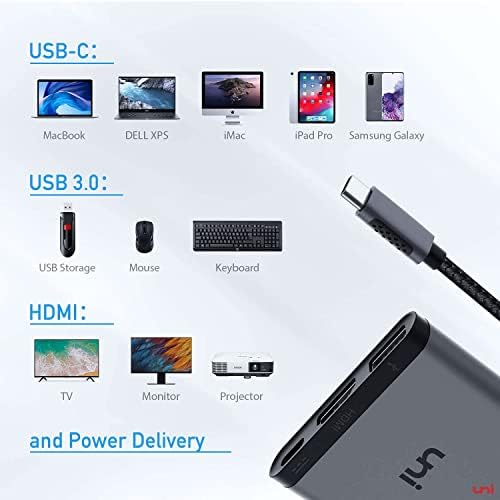 uni USB C to HDMI Adapter 4K 60HZ with 100W PD Power Delivery, [Aluminum, Nylon] USB Type c with High-Speed USB 3.0, Compatible with MacBook Pro, iPad Pro, iMac Pro, Galaxy, Surface etc.