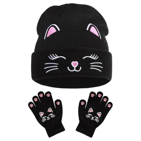 BEARAE Girls Cat Winter Hat and Gloves Set Cover