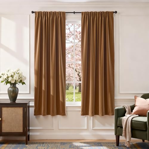 Image of Blackout Golden Brown Velvet Curtains Rod Pocket 52x72 Inch 2 Panels | Soft Velvet, For Small Windows, Kitchens & Bathrooms, Light Shifting Texture, Elegant Luxury Drape, Rich, Rod Pocket