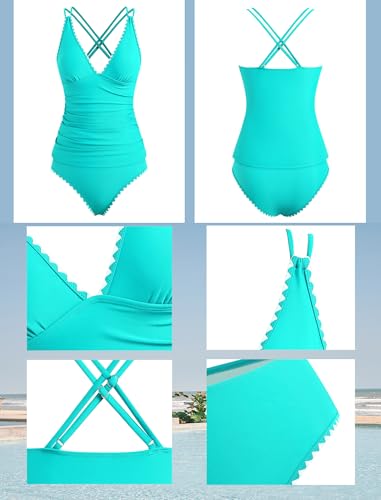 ZAFUL Plus Size Tankini Tops for Women V Neck Push Up Two Piece High Waisted Swimwear Color Block Tankini Swimsuit Sexy Vacation Outfits for Women (Mint Green XXL) — view 5