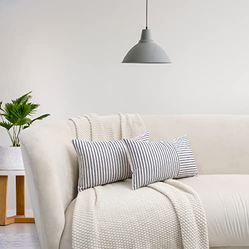 Hckot Farmhouse Pillow Covers 12X20, Lumbar Throw Pillow Covers Set Of 2, Navy And Beige Striped Patchwork Linen Decorative Pillows Cushion Covers For Couch Chair Bedroom Spring Decorations(Navy) #TOP1