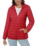 MAGCOMSEN Ladies Quilted Puffer Jacket with Hood Long Sleeve Lightweight Winter Short Zip-up 4 Pockets Down Coat, Tomato Red XL