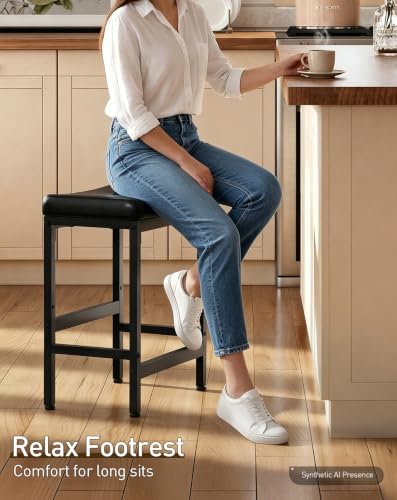 Image of RALGEND Bar Stools Set of 2, Compact Counter Height Stools, 24 inch Saddle Barstools with Curved Surface, Kitchen Breakfast Stools with Footrest, Thick Upholstery, for Dinning Cafe, Black 6801BYP2BB
