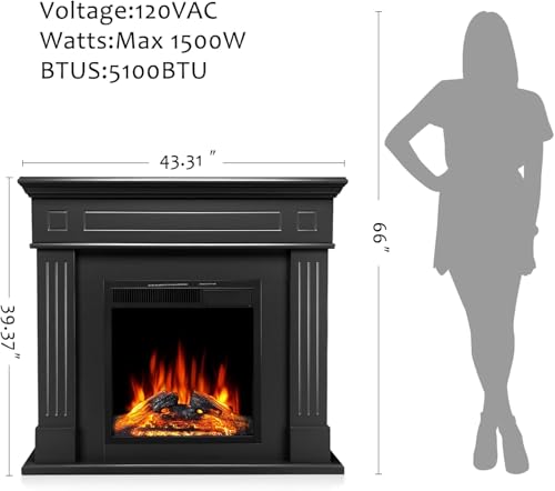 43 Inch Fireplace TV Stand with Mantel - Electric Fireplace Heater, Wooden Entertainment Center, Adjustable LED Flame, Freestanding (750W/1500W),Black