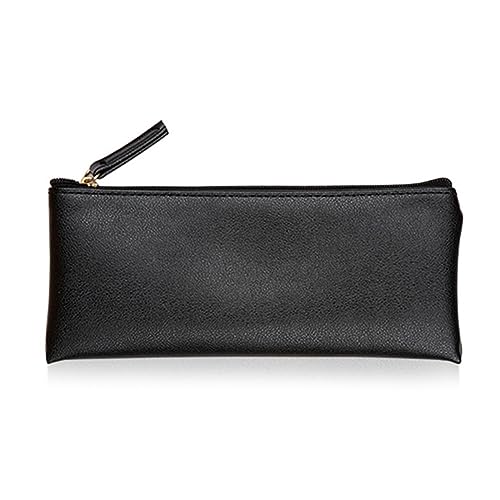 Image of Black Pencil Case Pen Pouch for Purse PU Pen Case Small Black Pouch with Zipper for Travel Toiletries and Accessories Slim and Stylish Pouch for Women Pens Markers Makeups Change Pouch