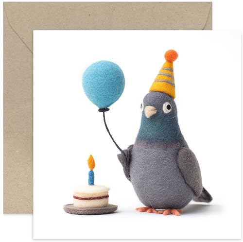 Fun Birthday Cards for Men Women Children Felt Pigeon With Balloon and Cake Charming Humorous BDay Gifts fo Family and Friends Colleague Brother Dad - Blank Inside with Envelope