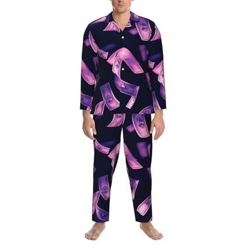 Purple Dollar Flying In The Air Mens Pajamas Set Button Down Sleepwear Set Long Sleeve Loungewear With Pockets