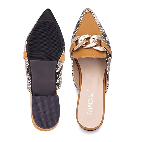 Women's Mules Chain Pointed Toe Flat Slip On Comfortable Backless Loafers Ladies Closed Toe Slides Mules For Women Brown Size 5.5 #TOP4