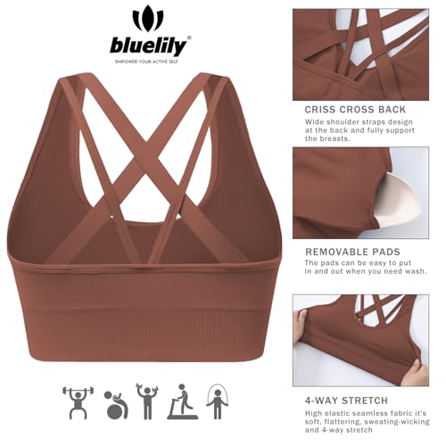 Image of BLUELILY Sports Bra for Women Medium Support Criss Cross Strappy Bras Seamless Padded High Impact Yoga Athletic Exercise Bras