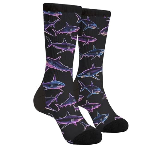Tuaakeo Funny Neon Shark Novelty Socks Casual Athletic Crazy Crew Socks For Women Men Gifts
