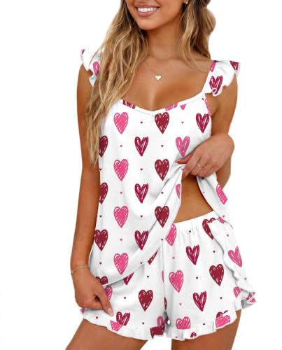 Image of Ekouaer Pajamas for Women set 2 Piece Ruffle Tank Top Split Leg Cami Shorts